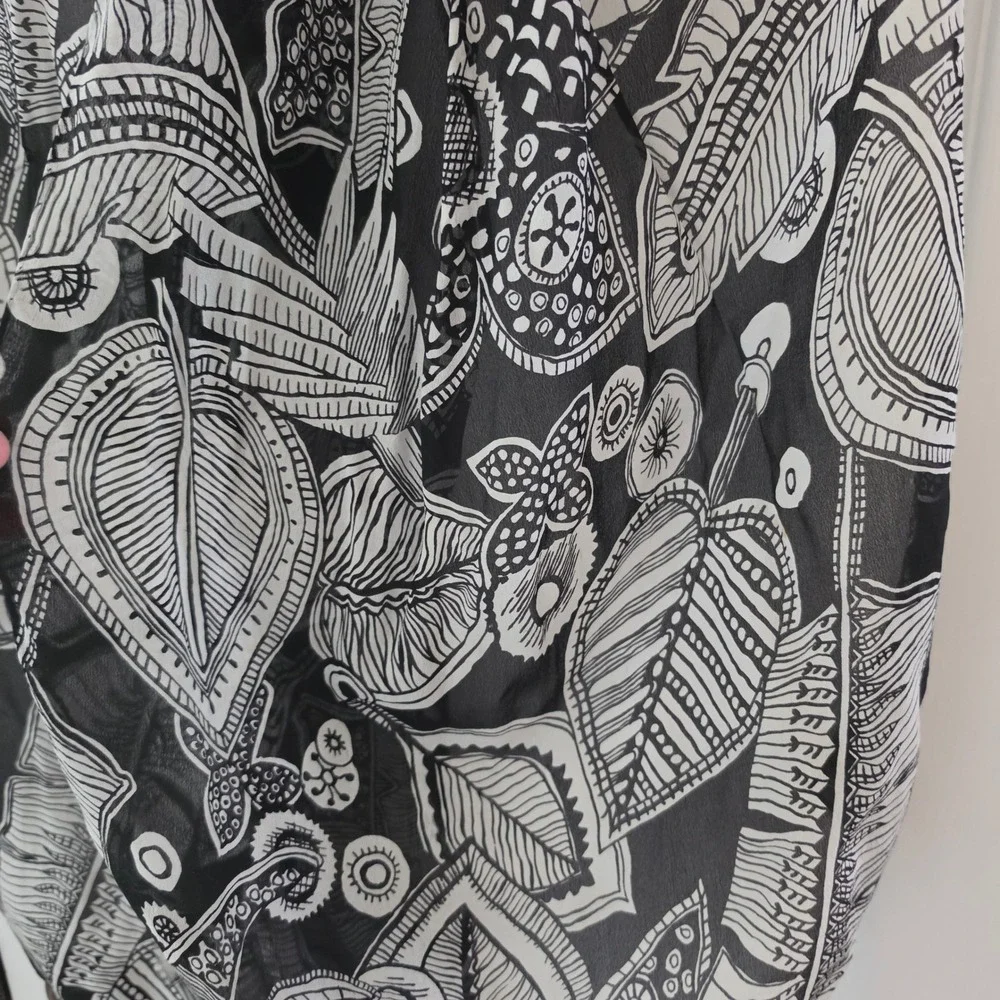 Vintage Silk Scarf Black White Botanical Leaf Print Sheer Oblong Wrap 18x60